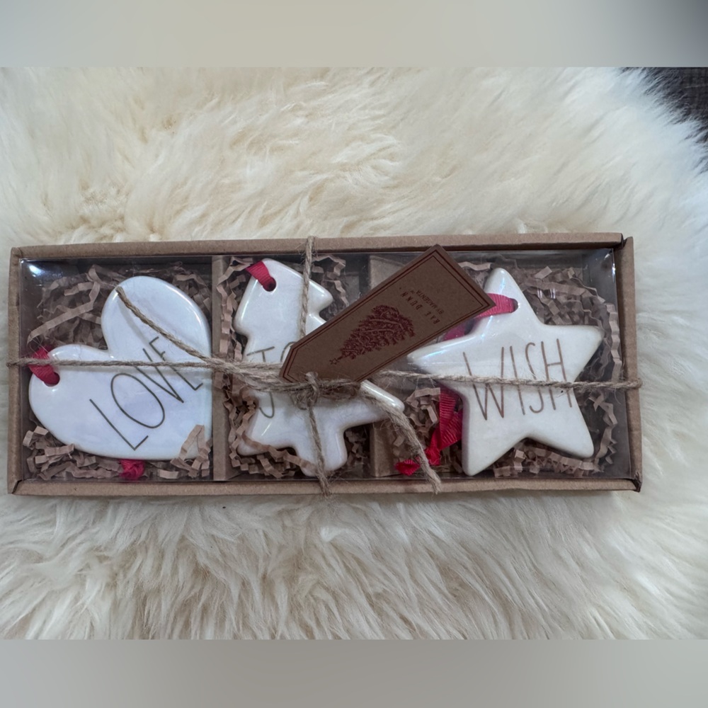 Rae Dunn White Ceramic Christmas Ornaments - Love, Joy, Wish